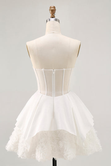 White Satin Strapless Corset A Line Short Homecoming Dress